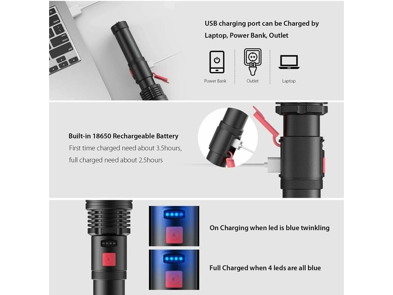 Lampe de poche led rechargeable 3000 lumens, lampe de torche zoomable, torche étanche extérieur (batterie rechargeable intégrée) - Conforama D