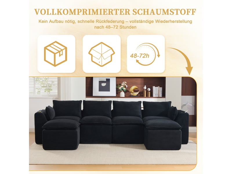 Canapé modulable compression d'angle en u,322x161x75cm,velours côtelé,canapé 4 places avec 2 poufs,porte-gobelets,poches latérales,sans montage,noir  - Conforama E