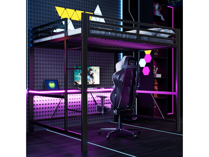 Lit mezzanine en métal 160x200 cm noir avec bureau, led et usb Fay Lum - Conforama D