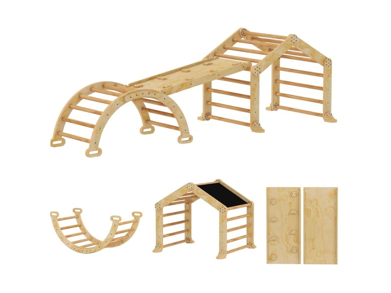  Jouet d’escalade 9-en-1 avec rampe, toboggan, arche à bascule et tableau en bois naturel 100 × 52,5 × 48 cm  - Conforama E