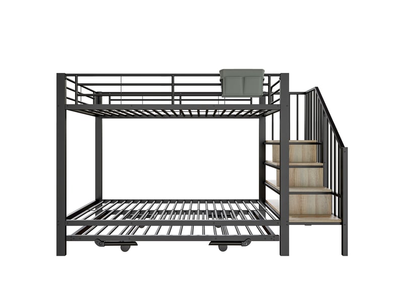  Lit superposé extensible avec escalier rangement et poche tissu, métal noir, 90x200180x200 cm  - Conforama A