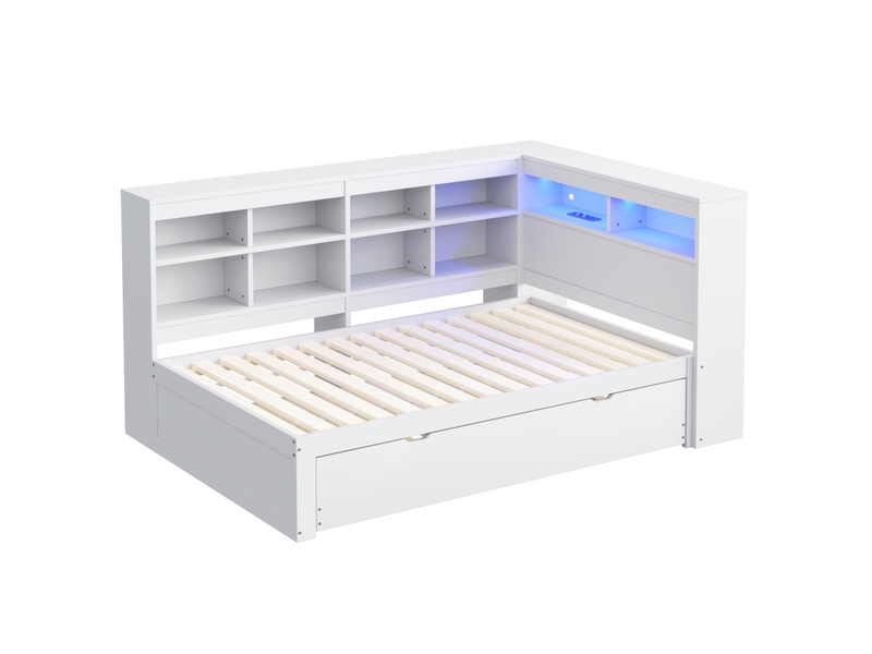  Lit banquette 90x200 cm – blanc – lit gigogne, rangements, usb et éclairage led intégrés - sans matelas  - Conforama D