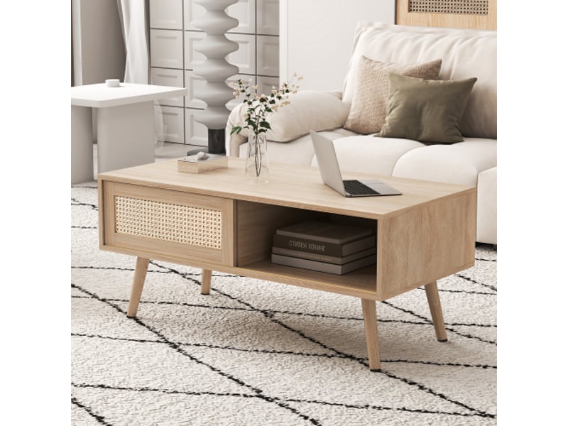  Table basse en osier tressé, portes coulissantes, pieds bois massif, design moderne, couleur naturelle, h40xl105xp55 cm  - Conforama B