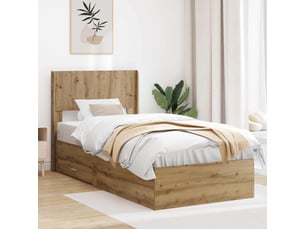 Lit adulte, lit simple, cadre de lit avec rangement et tête de lit chêne artisanal cf1593