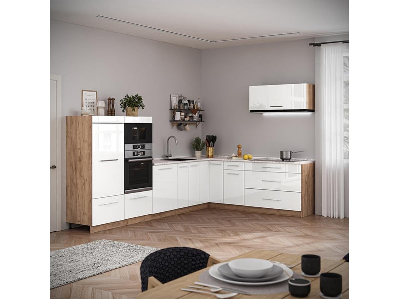Vicco cuisine en angle, blanc haute brillancechêne de force doré, 327x60cm, pt marbre - Conforama C