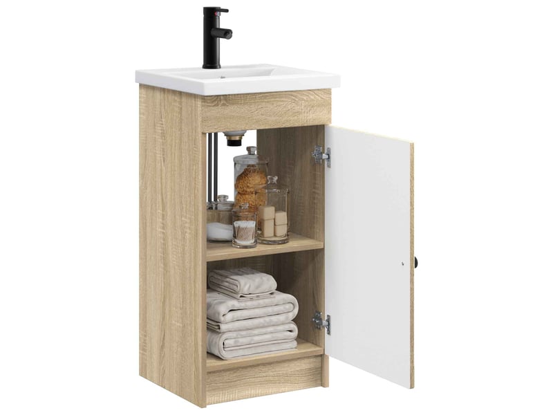 Meuble salle de bain avec évier, meuble de rangement chêne sonoma shl1305 - Conforama C