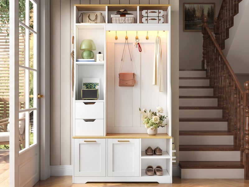  Vestiaire entrée avec meuble chaussures basculant, banc, patères métal et éclairage led piloté par appli, 103x32x186cm, blanc  - Conforama B