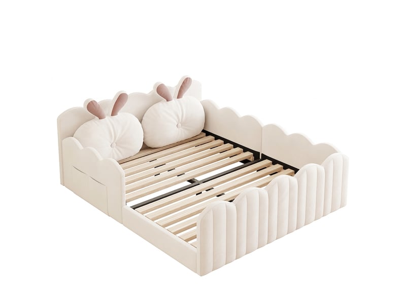 Lit plateforme 140x200 tapissé avec tête de lit lapin beige - Conforama A