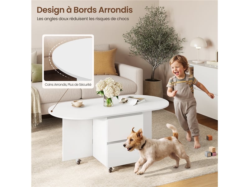  Table basse extensible 3-en-1 4080120x60x50,5 cm avec roulettes et rangement 616416 White - Conforama E