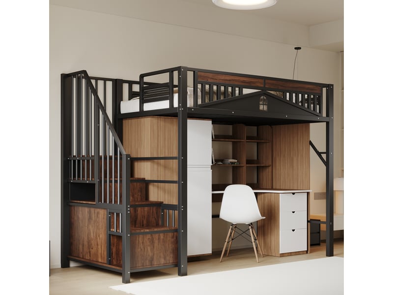  Lit mezzanine métal 90 x 200 cm, barrière ajourée, échelle avec rangement, espace sous lit, noir  - Conforama C