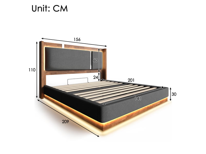  Lit coffre hydraulique 140x200 cm,led applitélécommande,tête rembourrée en lin gris,sommier à lattes,effet noyer noir,sans matelas  - Conforama E