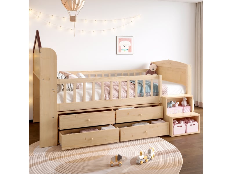  Lit mi-hauteur cabane enfant 90x200 cm avec fenêtres, 4 tiroirs, échelle de rangement, éclairage led et garde-corps, naturel  - Conforama D