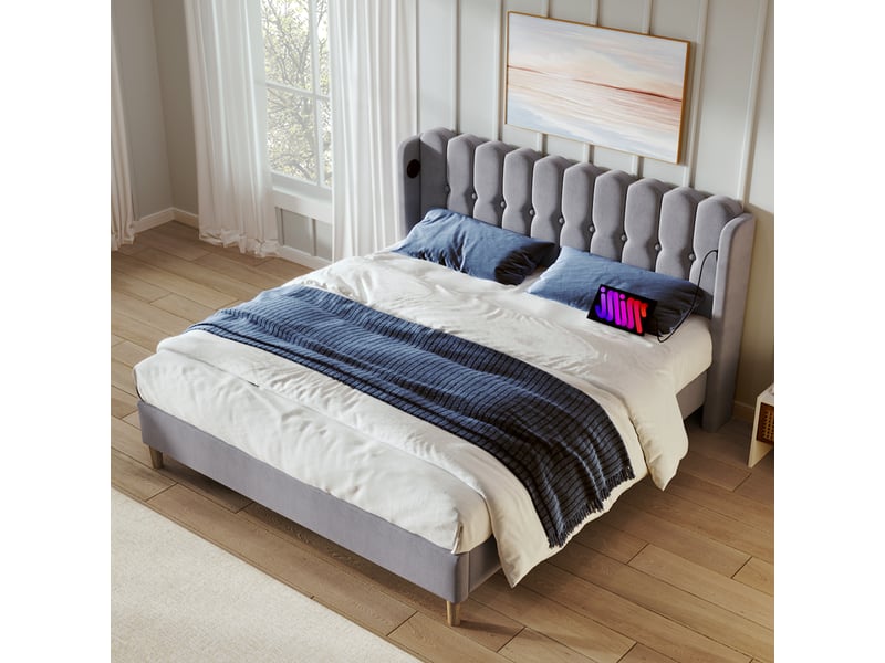  Lit 160x200 cm gris lin, tête capitonnée, ports usb-c, sommier inclus  - Conforama D