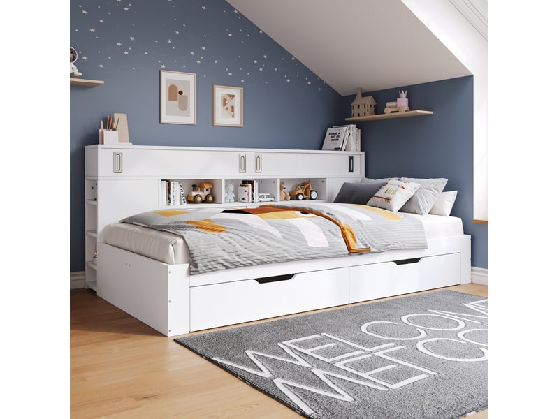 Lit enfant 90x200 cm avec rangement, sommier inclus, mdf blanc - Conforama D