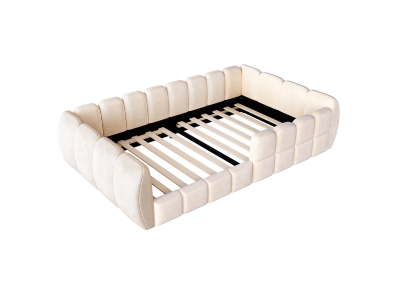  Lit enfant 90x200 cm au sol avec tête de lit rembourréee lit simple bas aux formes arrondies en tissu rembourré beige  - Conforama C