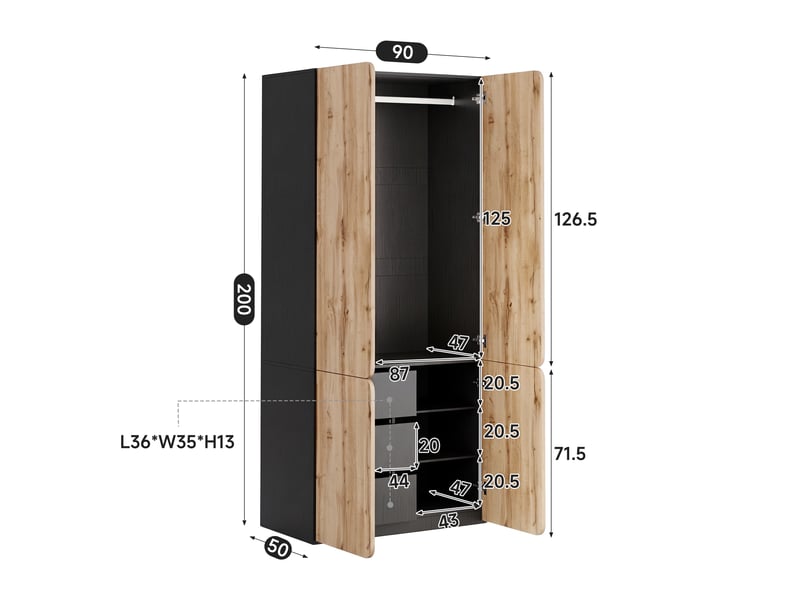 Armoire chambre 90x50x200 cm, penderie dressing moderne avec penderie et tiroirs, mdf effet chêne 4 portes 3 tiroirs, bois - Conforama E