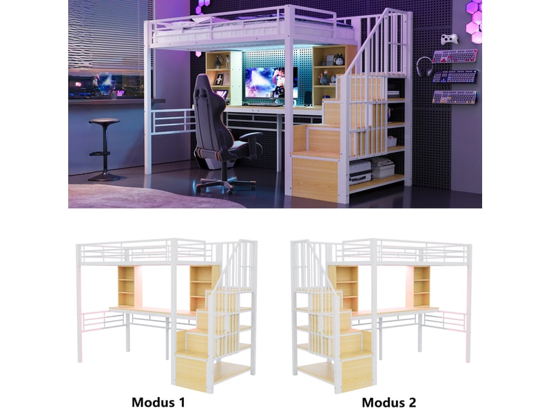 Lit mezzanine enfant 90x200 cm – blanc – bureau intégré, escalier réversible, rangements et led - sans matelas - Conforama E
