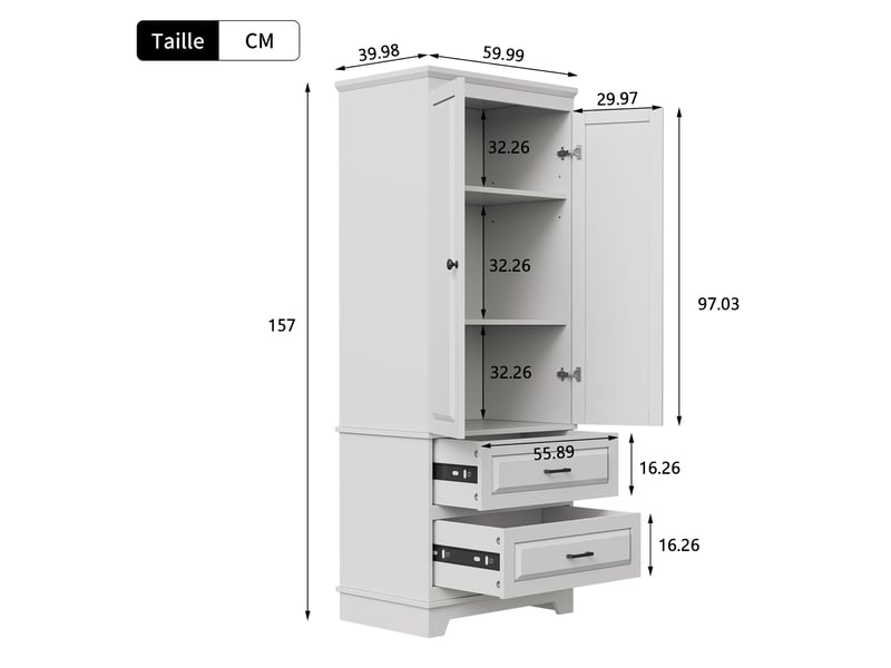  Armoire chambre penderie avec 2 portes 2 tiroirs, armoires de rangement avec  étagère réglable, 60x40x157 cm, blanc  - Conforama C