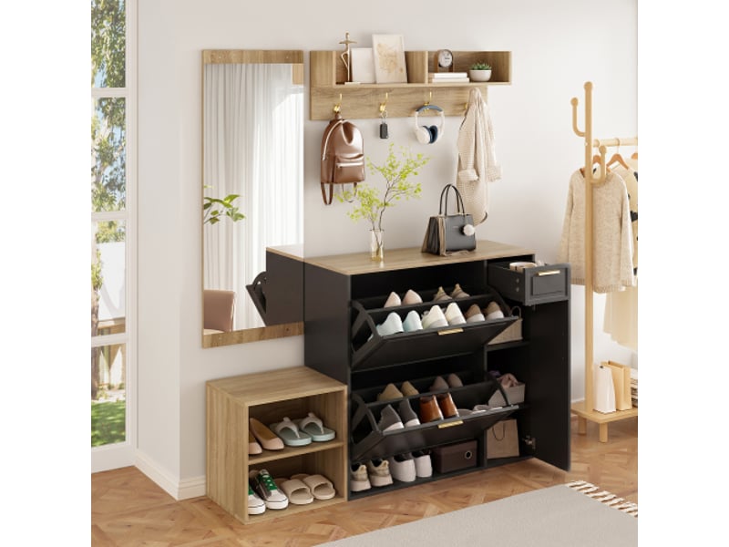 Ensemble vestibule 4 pièces – meuble d'entrée, casier à chaussures, banc, porte-manteaux et miroir – l139,5 × p35 × h166 cm - Conforama B
