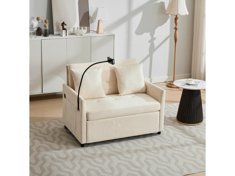  Fauteuil convertible 1 place avec port usb et support tablette  - structure métal bois, tissu effet lin beige  - Conforama C