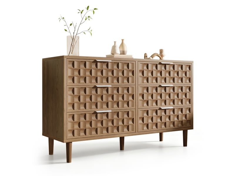 Buffet et enfilade avec 6 tiroirs, poignées métal et réglage du pied pour salon, chambre, entrée, chêne, 120 × 37 × 77 cm - Conforama A