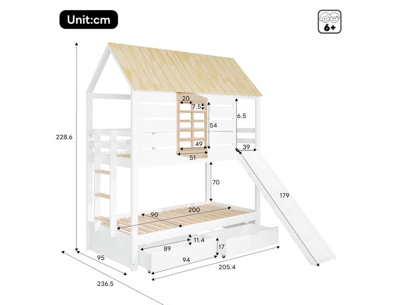  Lit superposé 90x200 cm avec toboggan et 2 tiroirs, en bois, blanc et naturel  - Conforama C