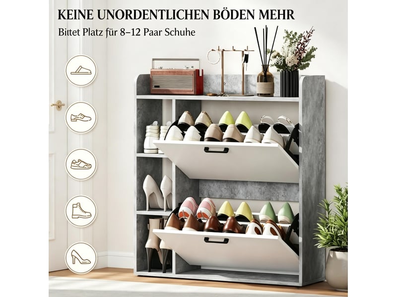 Meuble à chaussures 83 x 24 x 90,5 cm – gris et blanc – 2 compartiments basculants, rangement 15 paires  - Conforama E