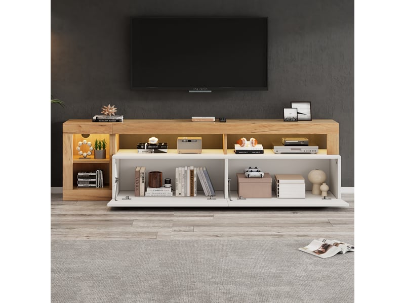  Meuble tv moderne blanc et bois avec éclairage led, meuble tv pour téléviseur jusqu'à 80 pouces, rangements ouverts et fermés  - Conforama B
