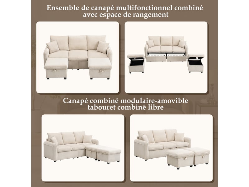  Canapé d'angle convertible 3 places, canapé en velours côtelé avec 2 poufs et espace de rangement, design modulable pour salon  - Conforama E