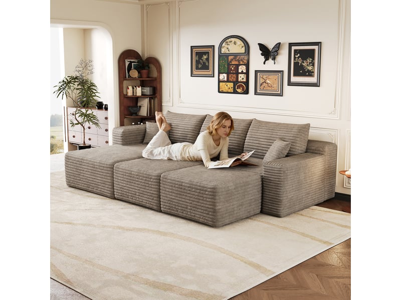  Canapé d'angle modulaire 3 places avec 2 poufs 241 x 151 x 58 cm, assise profonde, design nuage, livré monté, velours côtelé, chameau Bliss Lite - Conforama E