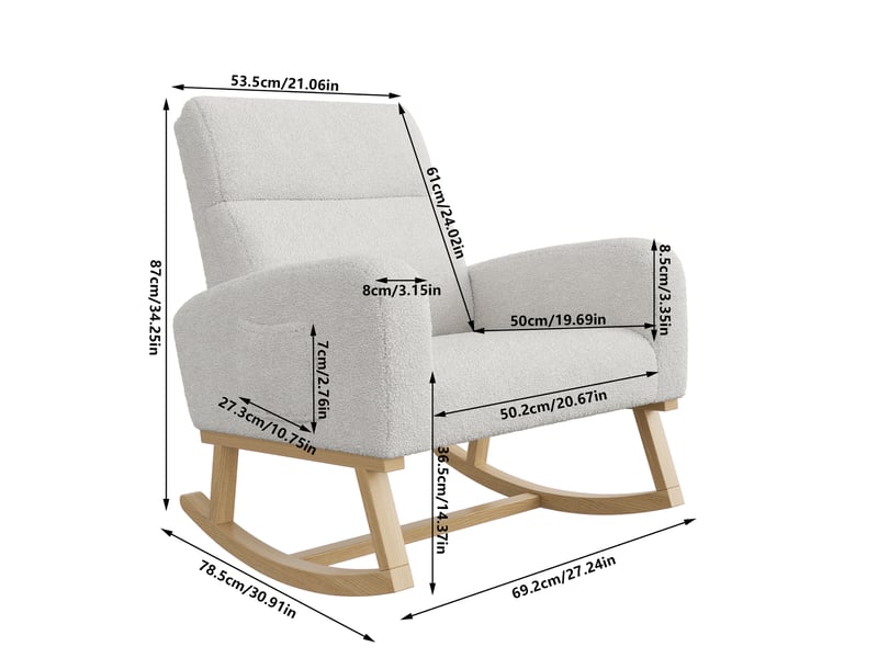 Fauteuil à bascule moderne - pieds bois massif et dos haut, autocollants antidérapants, poches latérales, 78x69x87 cm - gris clair matière teddy - Conforama E