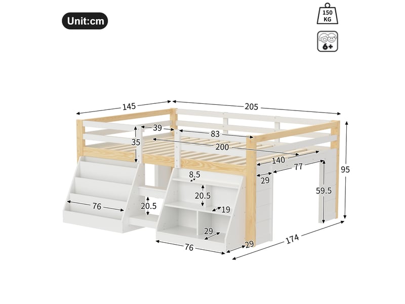  Lit enfant 140 x 200 cm – avec étagères de rangement – ​​avec barrières de sécurité – avec échelle – avec éclairage led – blanc +  naturel  (matelas non inclus)  - Conforama C
