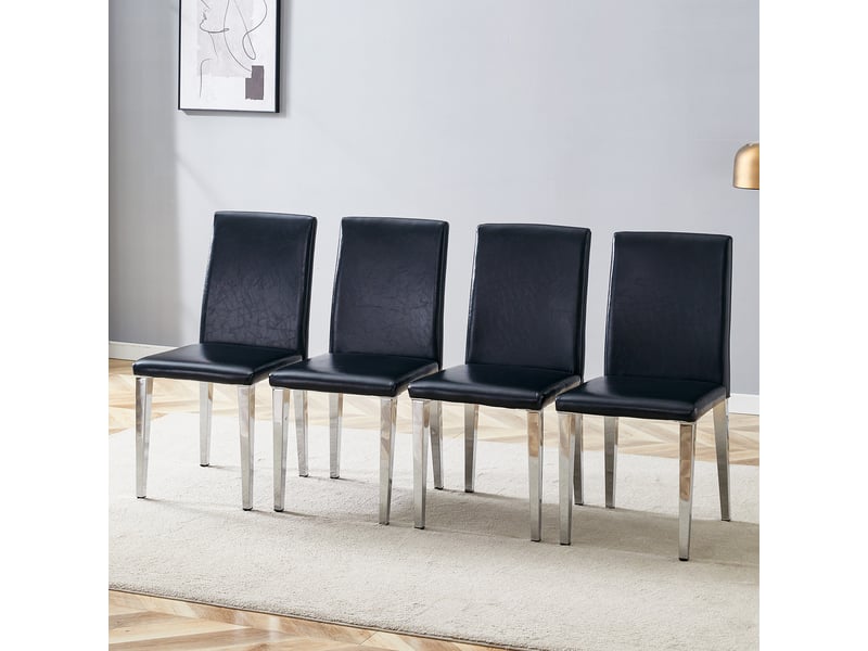  Lot de 4 chaises de salle à manger en simili cuir noir avec pieds en métal argenté, style moderne  - Conforama B
