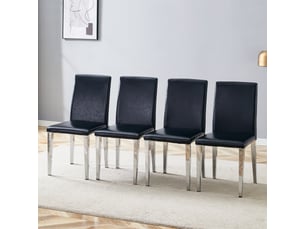 Lot de 4 chaises de salle à manger en simili cuir noir avec pieds en métal argenté, style moderne