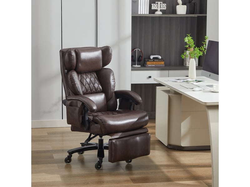 Chaise de bureau massante chauffante avec repose-pieds, dossier inclinable et poches latérales en cuir pu marron - Conforama C