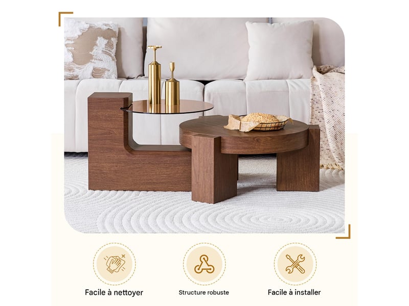  Lot de 2 tables basses gigognes en mdf aspect noyer et verre trempé marron ø61x30 cm - pangivo  - Conforama D