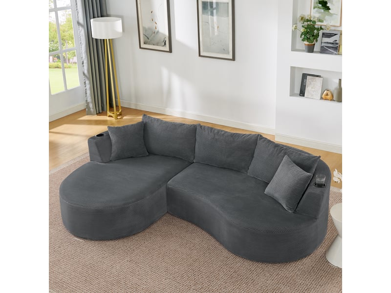  Canapé méridienne gauche 3 places gris design courbé tissu côtelé avec porte-gobelets et coussins pour salon moderne  - Conforama B