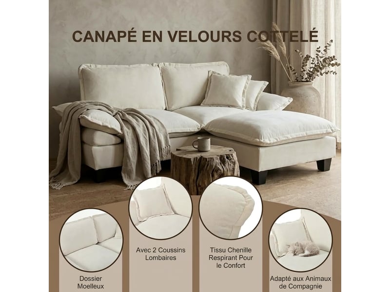  Canapé d'angle modulable avec ports usb et rangement 224 x 151 cm - chenille beige  - Conforama D