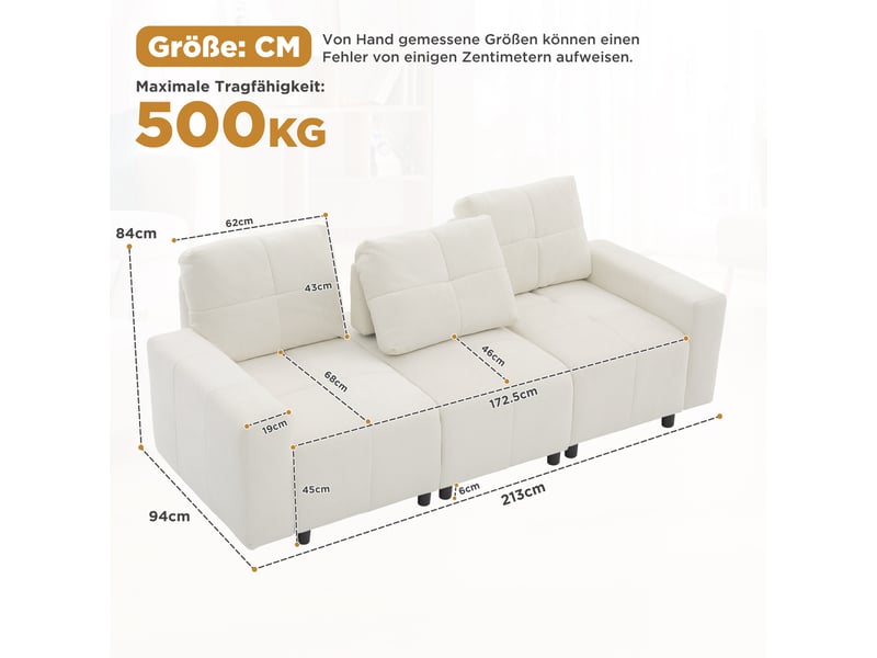  Canapé convertible 3 places droit chenille beige blanc, profondeur réglable jusqu'à 68 cm, structure bois massif, confort ergonomique salon moderne  - Conforama C