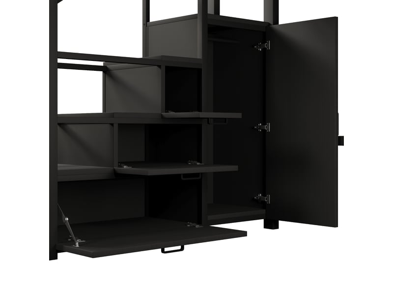  Lit mezzanine 140 × 200 cm, armoires de rangement, led, garde-corps hauts, escalier et étagères, métal et mdf, noir  - Conforama E