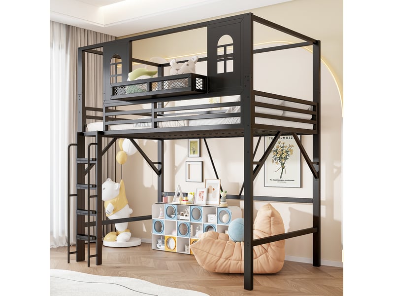  Lit mezzanine enfant 90x200 cm en métal noir avec toit et étagère, sans matelas  - Conforama C