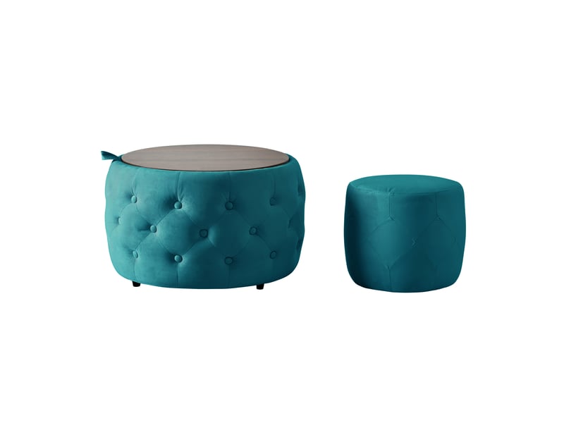  Lot de 2 poufs gigognes en velours, bleu, rangement et plateau bois 4-en-1  - Conforama D
