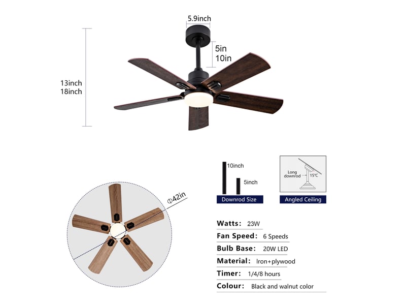  42 pouces ventilateur de plafond noir avec lumière et télécommande, dimmable 5 pales pour terrasse et salon  - Conforama E