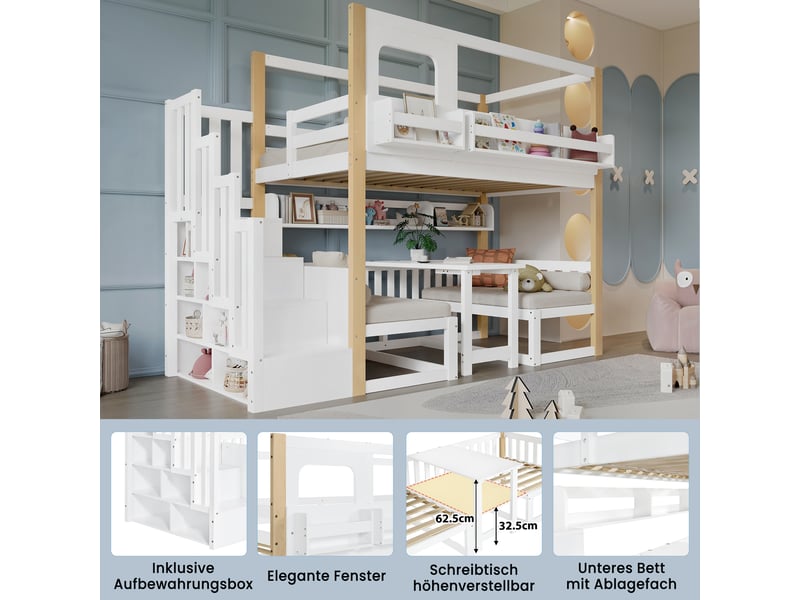  Lit mezzanine enfant 90×200 cm escalier, table rabattable et étagère  - sans matelas, bois - blanc et naturel  - Conforama E
