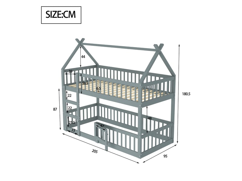  Lit cabane 90x200 enfant, lit superposé enfant en bois massif gris, lit mezzanine avec escalier et barrière de sécurité.  - Conforama R