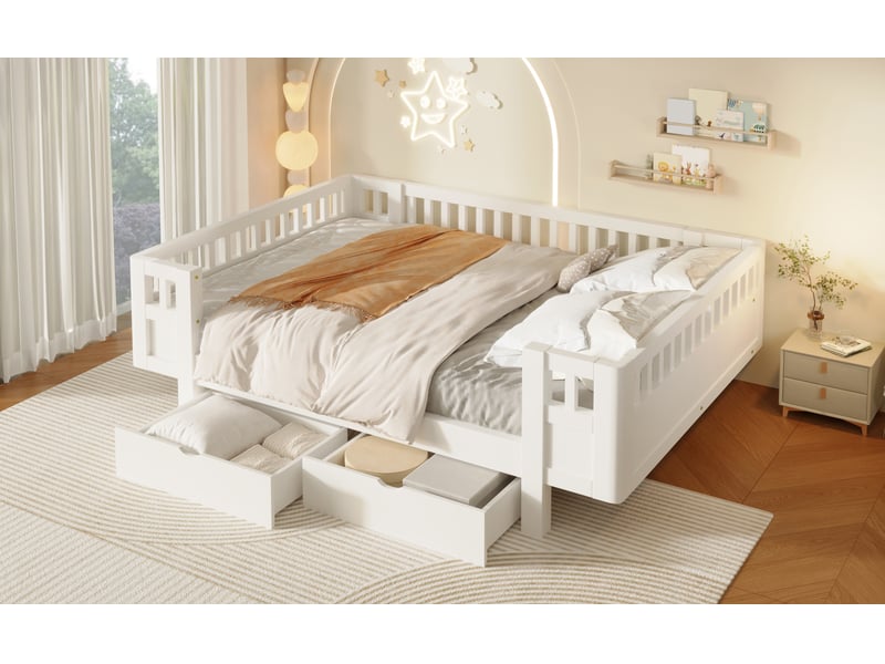 Lit plateforme 140x200 cm avec barrière de sécurité haute et deux grands tiroirs blanc - Conforama E