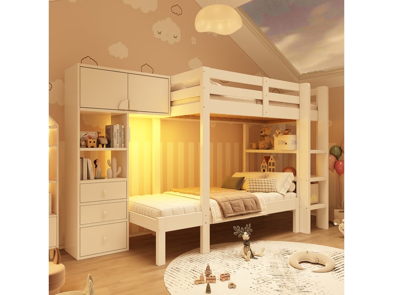  Lit superposé enfant décalé 90x200 cm avec rangements et veilleuse, blanc  - Conforama D