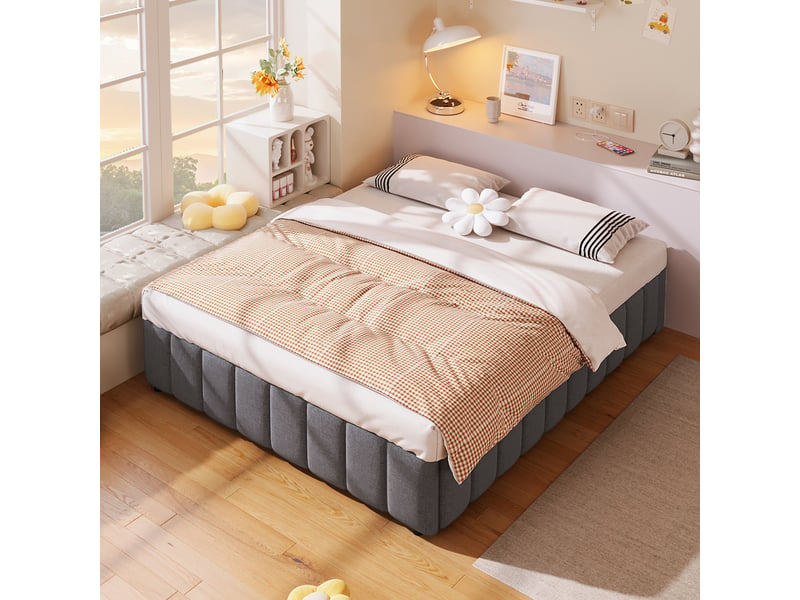  Sommier coffre 140x200 cm avec rangement, lin et mdf, gris, sans matelas  - Conforama W