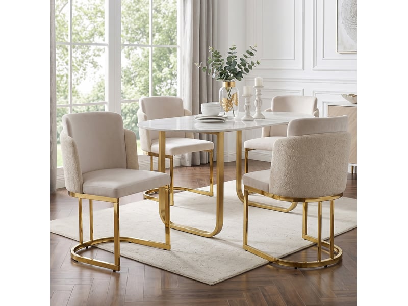 Lot de 6 chaises de salle à manger moderne confortables atmosphériques pieds galvanisés dorés matériau chenille beige - Conforama D