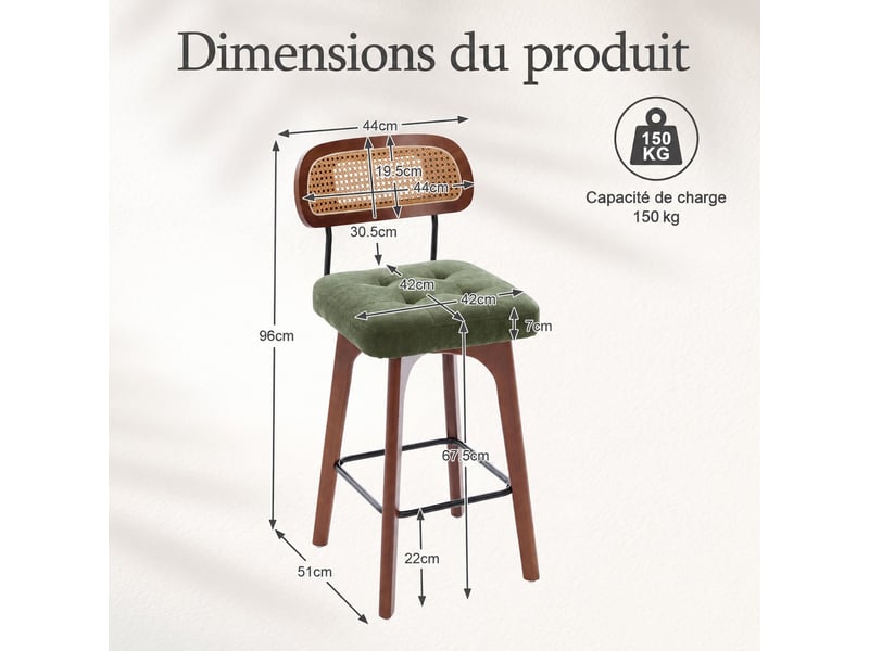 Lot de 2 tabourets de bar pivotants 360° avec dossier en rotin et assise en chenille, vert, 44 x 51 x 96 cm Fay Lum - Conforama C
